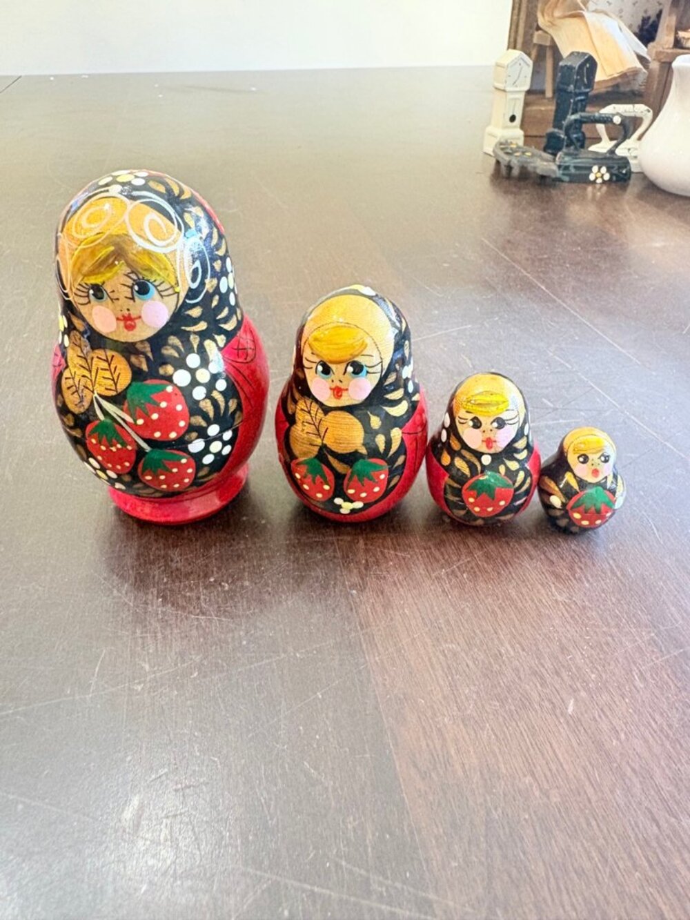Set of 4 Hand Painted Nesting Dolls Matryoshka Strawberries